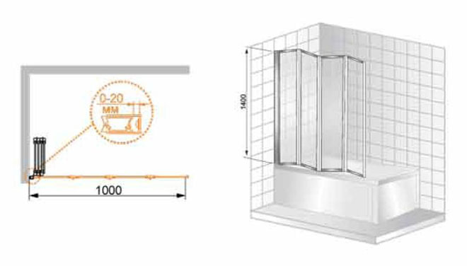 Шторка на ванну cezares pratico v4 1000х1400мм левая, стекло punto, профиль хром \